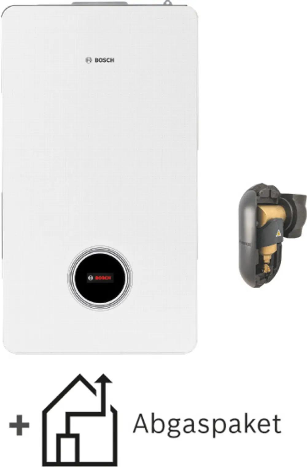 Weißes Bosch-Gerät zur Heizungsinstallation mit einem Abgasanschluss und separatem Abgasmodul. Das Produkt ist für die Installation in Wohnräumen geeignet.